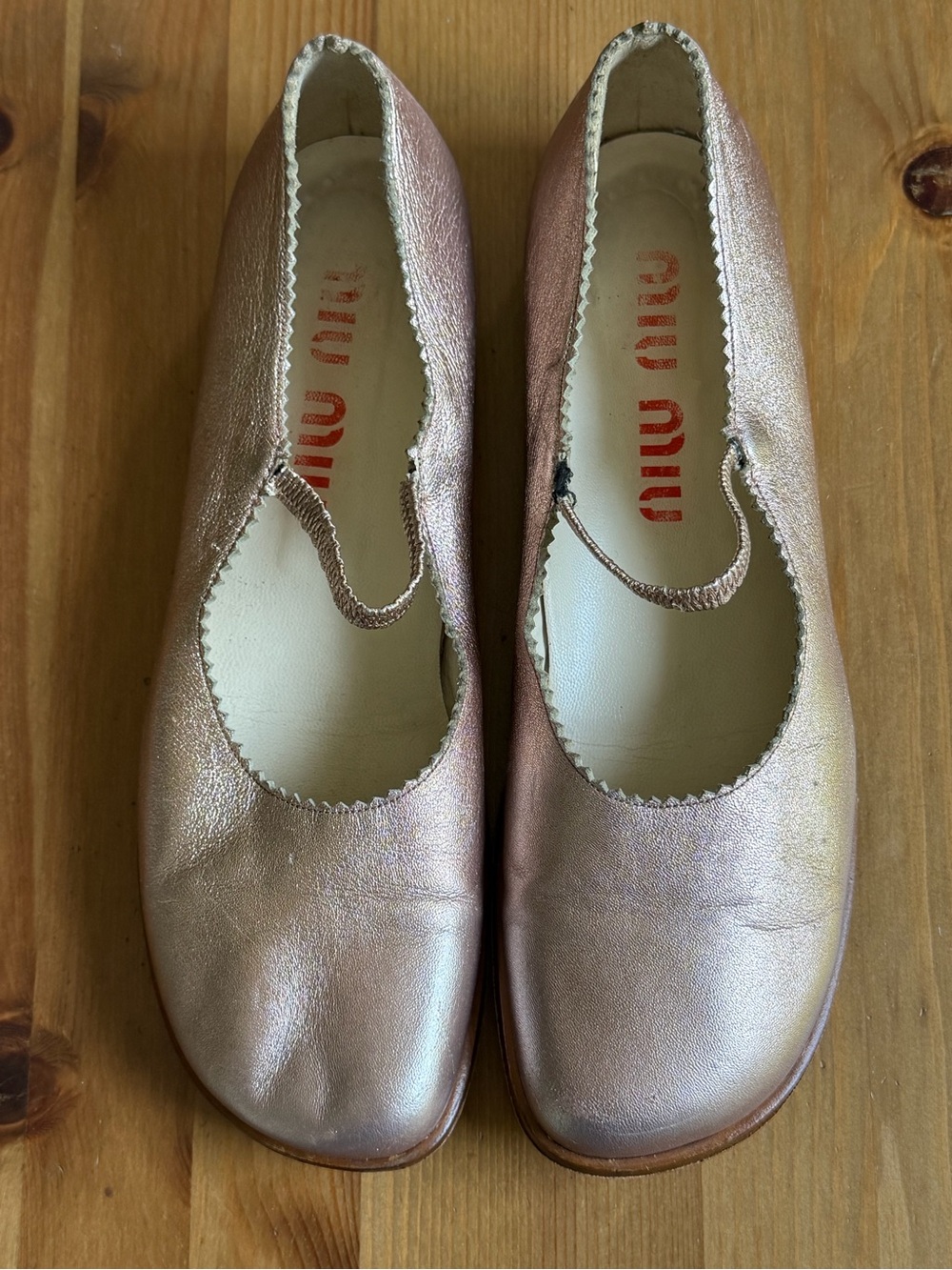 Miu Miu Rose Gold Leather Mary Jane Flats
